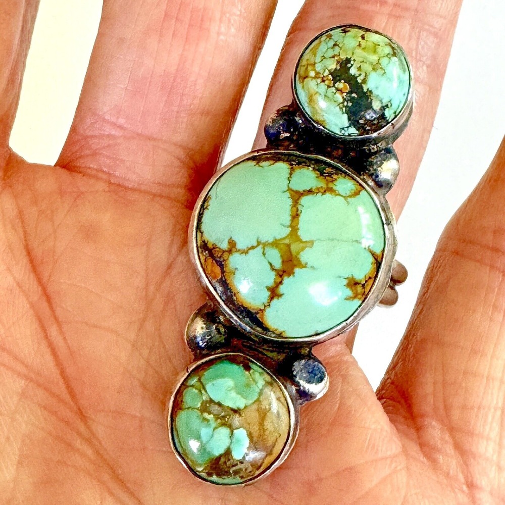 Navajo Modern Turquoise Ring Sz 9 Spiderweb Three Stone Long A Harley Sterling